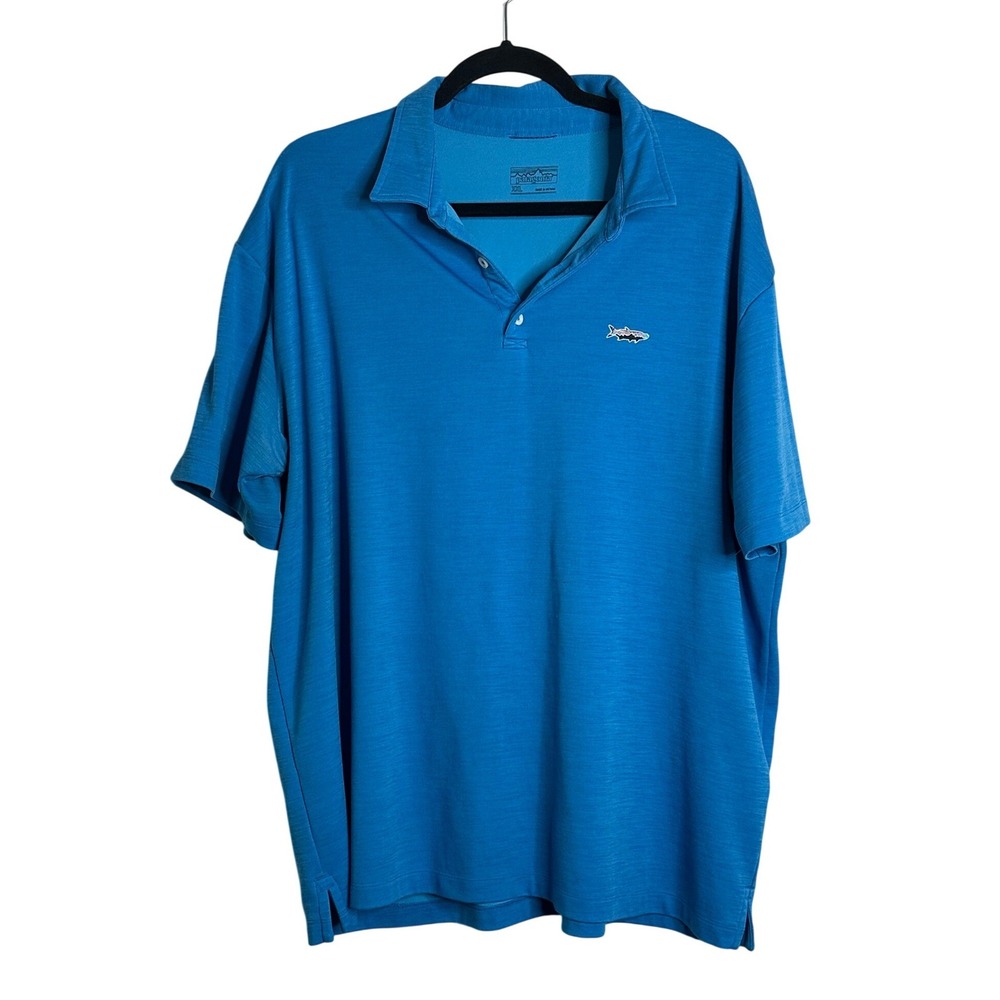 Patagonia Mens Blue Heathered Short Sleeve Fish Logo Polo Shirt XXL